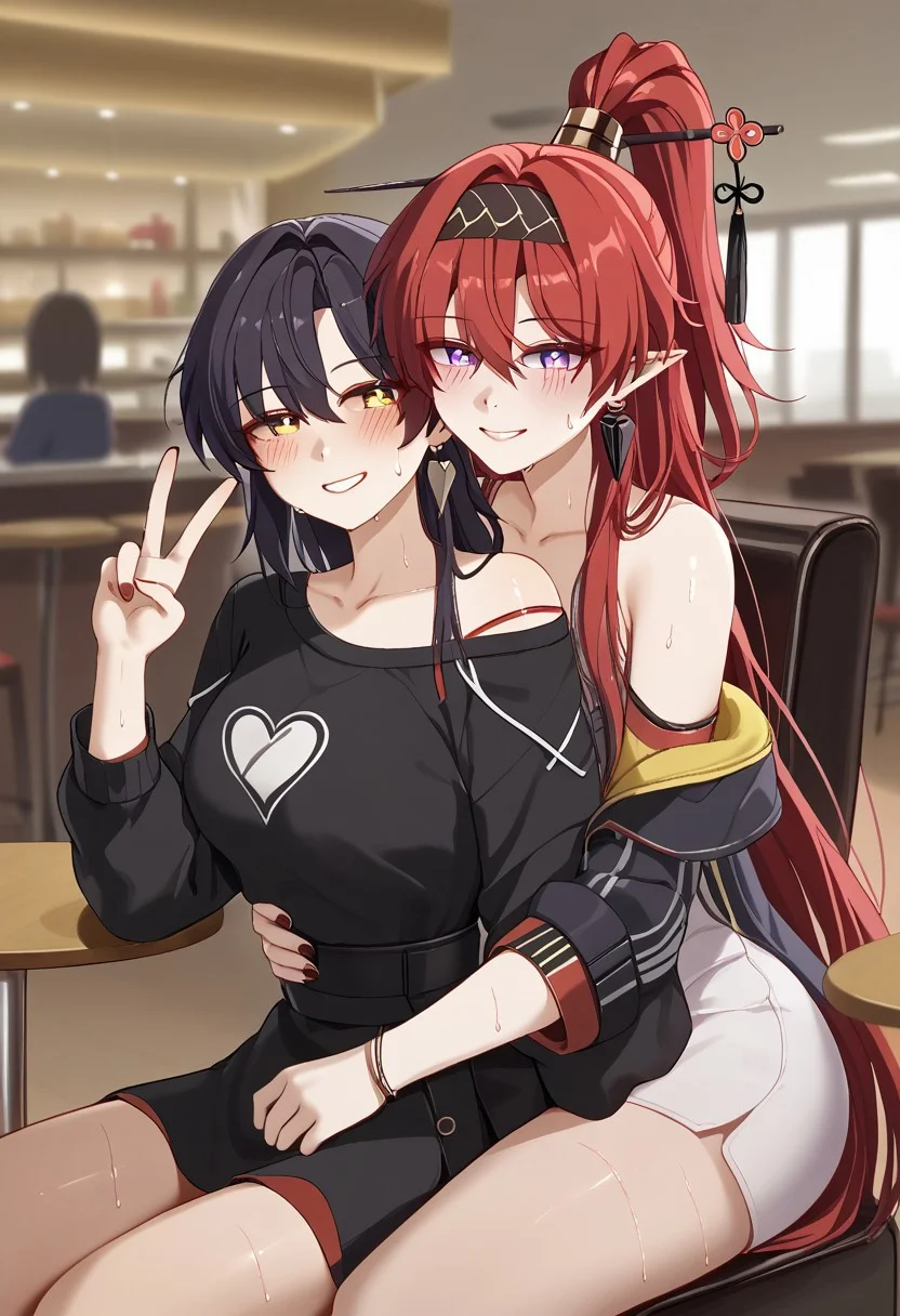 blush, smile, 2girls, sitting, heart, sweat, off shoulder, yuri, chair, couple, selfie, looking at viewer, cafe, Yinlin, Female Rover, hug, foreshortening, depth of field, v, reaching towards viewer