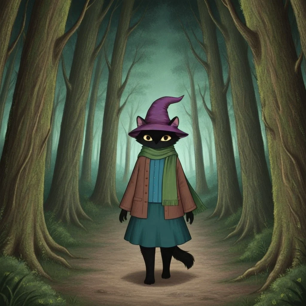 1girl,black fur,yellow eyes,purple pointed hat,brown jacket,green scarf,blue shirt and skirt,Numinosa
Walking in The forest