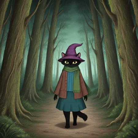 1girl,black fur,yellow eyes,purple pointed hat,brown jacket,green scarf,blue shirt and skirt,Numinosa
Walking in The forest