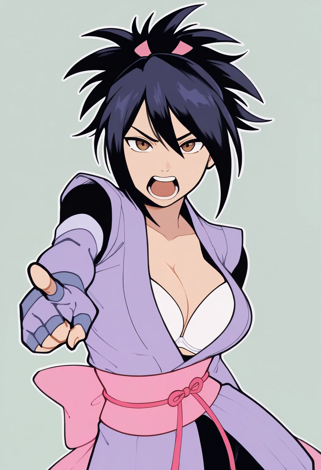 masterpiece, best quality, 1girl, pointing at viewer, shouting, <lora:SheenaToS-illu:1> defSheena, black hair, ponytail, hair ribbon, short hair, brown eyes, japanese clothes, ninja, cleavage, white bra, elbow gloves, lavender gloves, fingerless gloves, pink sash, pink bow, black pants, limited palette, white outline, simple background