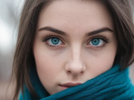 Close-up of a young woman's face partially obscured by a dark teal scarf, highlighting her striking blue eyes, long eyelashes, and well-defined eyebrows. The focus is sharp on her eyes with a soft bokeh background that creates a shallow depth of field. Her brunette hair frames her face, and the image has a cool color tone with a natural light setting. The composition is centered, creating an intimate and engaging portrait with a sense of mystery.