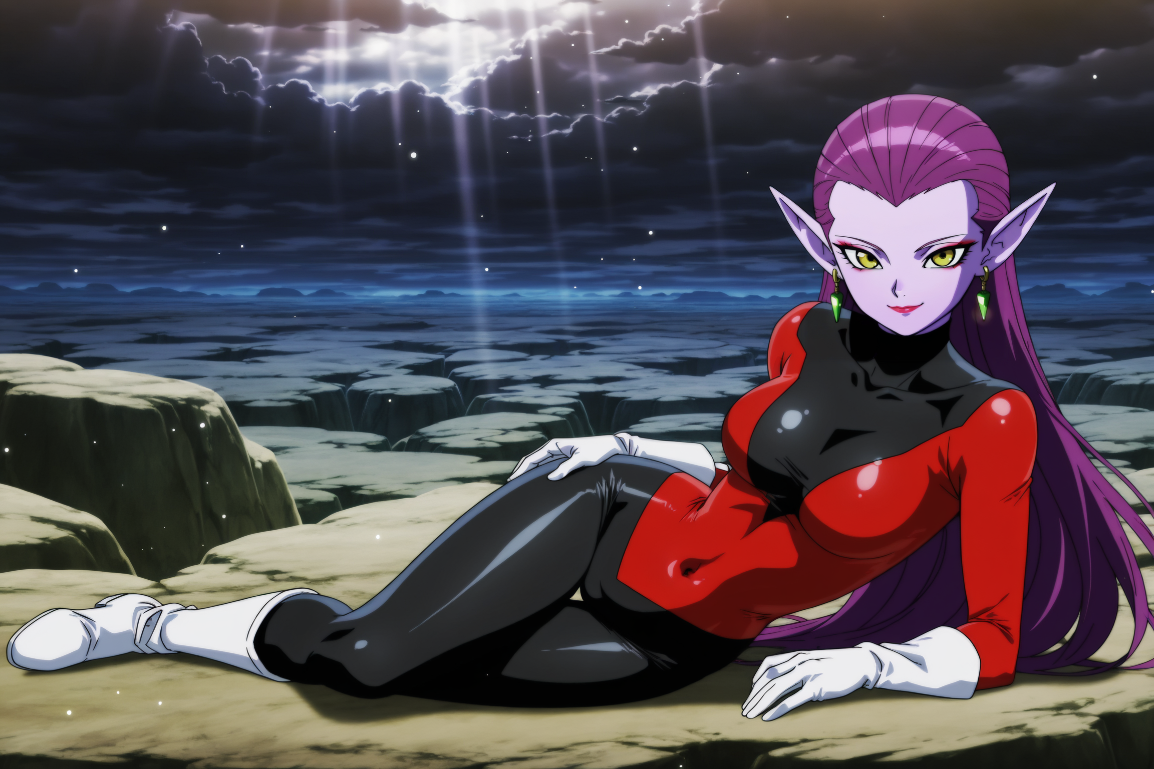 anime screencap, masterpiece, best quality, amazing quality, very aesthetic, absurdres,  newest, (scenery, volumetric lighting), official style, dappled moonlight, light particles, light rays,
cocottedbs, pride trooper outfit, official style, 1girl, solo, very long hair, breasts, looking at viewer, smile, white gloves, medium breasts, yellow eyes, full body, purple hair, earrings, lying, pointy ears, black bodysuit,  red print bodysuit, turtleneck, covered navel, makeup, purple skin, arm support, on side, white boots, lipstick, skin tight, hair slicked back, outdoors, rock, cloudy sky
 <lora:DBS_Girls_Pack_2_IL:0.8>