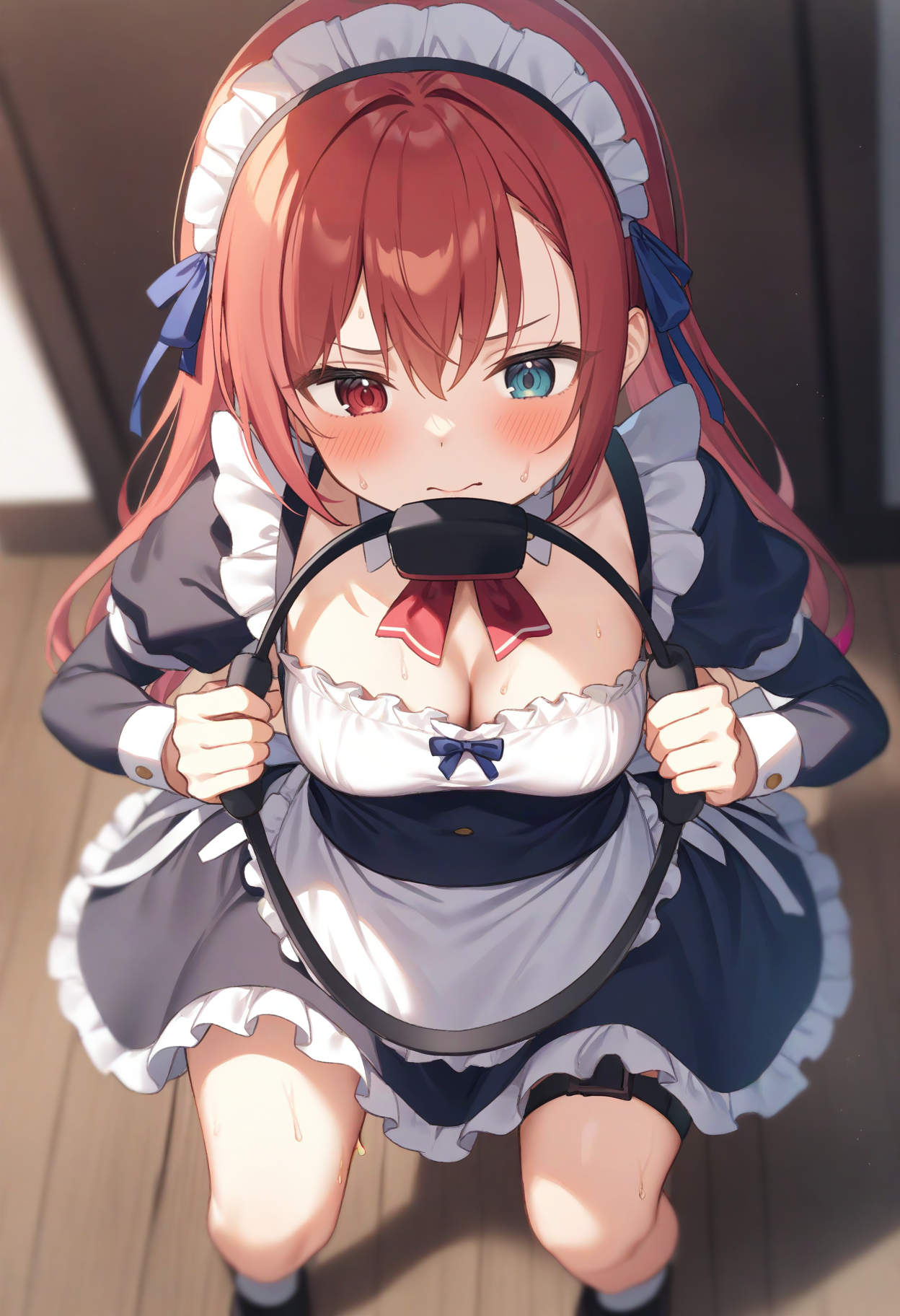 1girl,sincos, ningen mame, toosaka asagi,solo,medium breasts,20yo,maid,maid headdress,
ring fit adventure, wide squat, ring-con, sweat, holding,
<lora:ringfitadventure_XL_v1:0.8>
from above, cowboy shot, looking down, orange hair, heterochromia,naughty, closed mouth, split ponytail hair,,
best quality, very aesthetic, absurdres