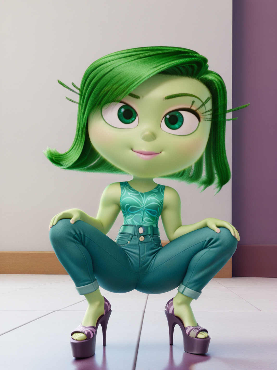 <lora:DisgustIL:0.9> di_st, 1girl, green skin, green hair, green eyes, 
looking at viewer, squatting, front view, spreading legs, platform high heels, jeans