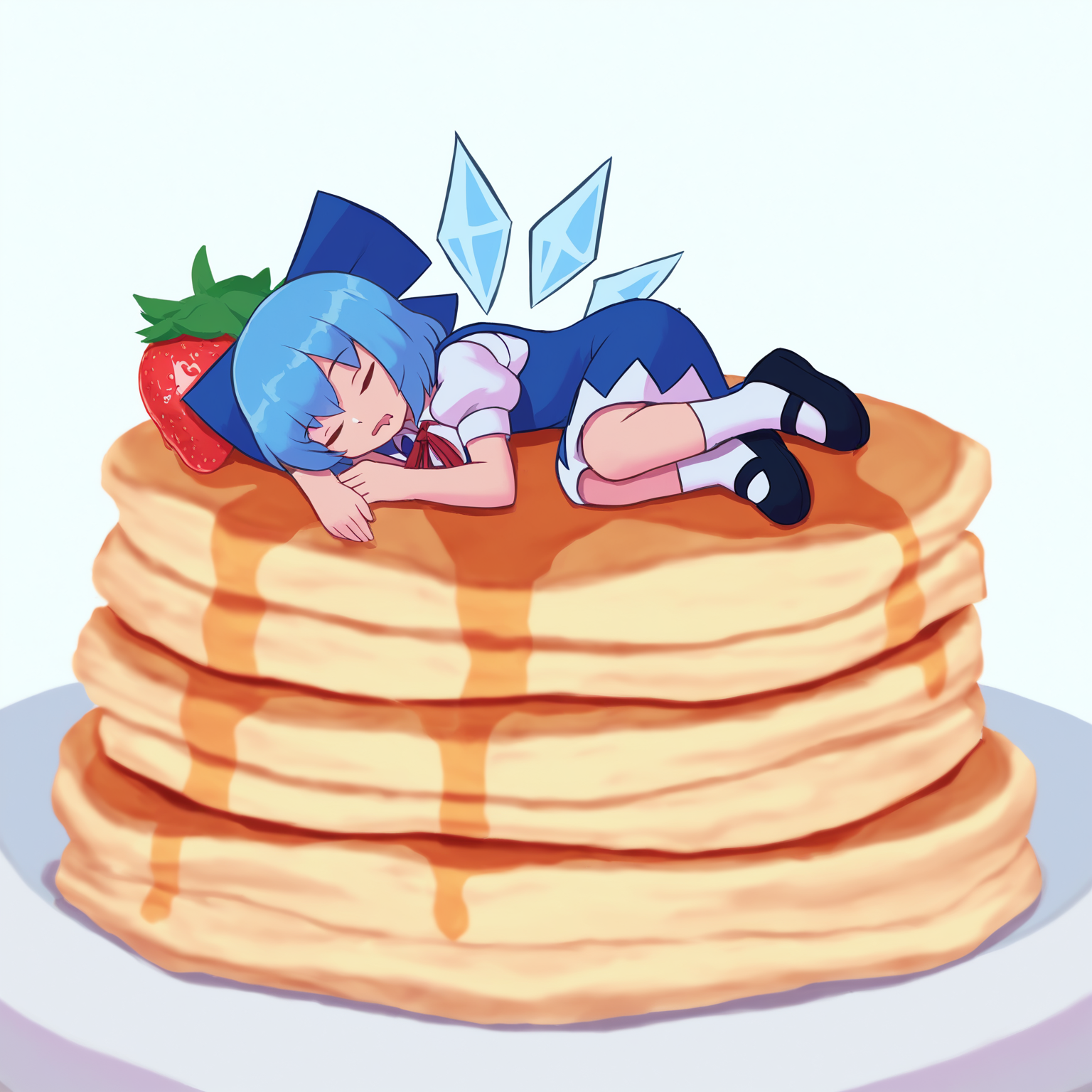 cirno, 1girl, solo, short hair, simple background, shirt, dress, bow, blue hair, white shirt, closed eyes, short sleeves, hair bow, lying, wings, food, shoes, socks, puffy sleeves, black footwear, puffy short sleeves, blue dress, blue bow, fruit, white socks, sleeping, plate, mary janes, ice, strawberry, ice wings, pancake, pancake stack, syrup
, masterpiece, best quality, good quality,
<lora:duhota_noob_vpred-1.0_edm2_v1:1>