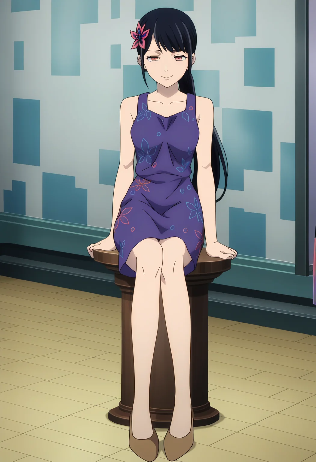score_9, score_8_up, score_7_up, source_anime, rating_explict,
BREAK
1girl, solo, anime screencap, anime coloring,
<lora:shiYeonFinalV1:1>, yeonpurp, long hair, black hair, red eyes, hair ornament, hair flower, ponytail,
bare shoulders, purple dress, sleeveless dress, floral print, high heels, brown footwear,
looking at viewer, seductive smile, half-closed eyes,