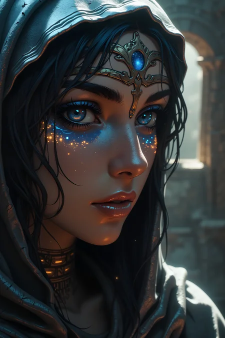 A close-up of an ancient oracleâs face, their features partially hidden beneath a shadowed, silver hood. Intricate tattoos snake across their weathered, sun-kissed skin, glowing faintly with runic symbols. The oracleâs half-closed eyes reflect swirling visions of celestial bodies and constellations in iridescent blues and golds, creating a sense of ancient wisdom and mysticism. Tiny glowing dust particles float in the air, accentuating the soft, ethereal light streaming through a cracked stone temple wall behind them. Their lips are slightly parted as if whispering secrets from an age long forgotten. detailed background Fantastic lighting. Detailed shadows.intricate details, vivid colors, hyper-detailed, ultra-sharp, , <lora:aesthetical-000003:0.15><lora:aidmaNSFWunlock-FLUX-PonyStyle-v0.1:0.15><lora:Flux-jijia:0.1><lora:GLSHS:0.6> Show less