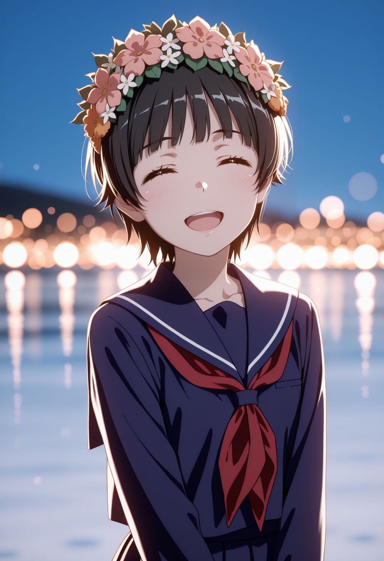 masterpiece,best quality,absurdres,highres,very aesthetic,high quality,detailed,insanely detailed,beautiful,perfect lighting, ,depth of field,blurry background,bokeh, looking at viewer, 
 <lora:Uiharu Kazari:1> 1girl, short hair, black hair, brown eyes, head wreath, sakugawa school uniform, winter uniform, blue serafuku ,red neckerchief blue sailor collar, blue skirt, blue shirt, long sleeves, long skirt
1girl, closed eyes, , open mouth, white background, simple background,  upper body, facing viewer, , ^ ^, , :d,