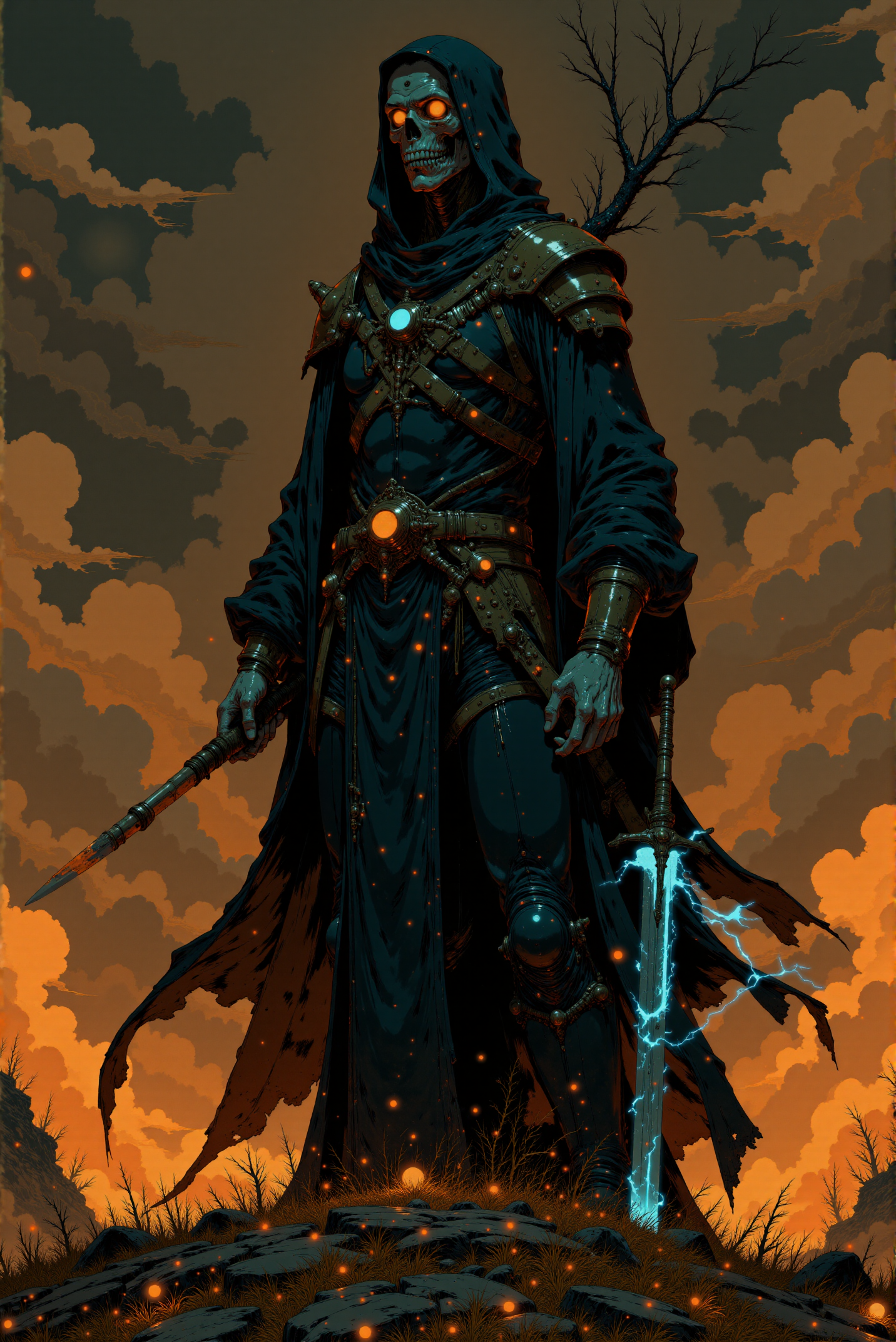 <lora:Fancha_style_v.5:0.90> Fancha style.  A formidable, dark figure, likely a warrior or a sorcerer, standing in a dramatic, fiery landscape. The figure, draped in a dark, hooded robe that flows like a dark mist, has a skeletal face and glowing red eyes, giving an eerie, otherworldly appearance. The figure's hands are skeletal and gripping a sword with a glowing blue blade. The figure wears a dark, ornate outfit adorned with gold accents and a large, ornate medallion at the chest, suggesting a high status or powerful role.