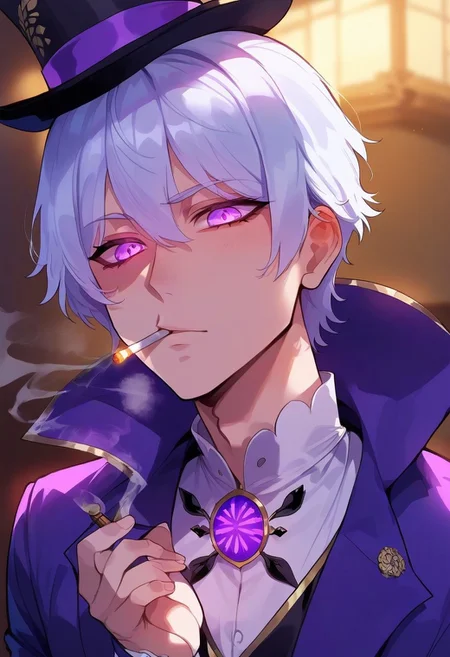 score_9, score_8_up, score_7_up, score_6_up, one anime style,1 boy, 20 year old, attractive, masterpiece, best quality, short white hair, purple tux with top hat, clear purple eyes, pupils, high detailed eyes, purple glowing eyes, frosty air, low temperatures, smoke coming from mouth, calm expression, enjoying the moment, smoking