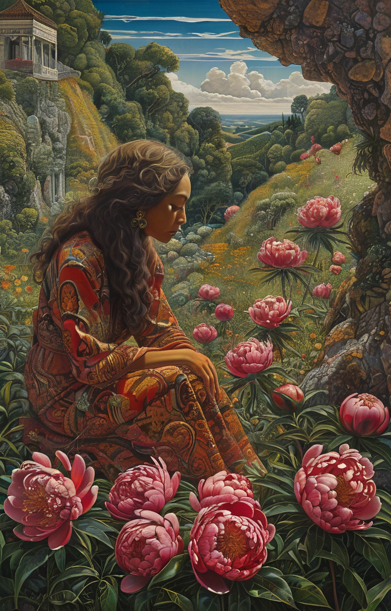 masterpiece,best quality,<lora:tbh376-sdxl:0.6>,illustration,style of Mati Klarwein, decaying peonies