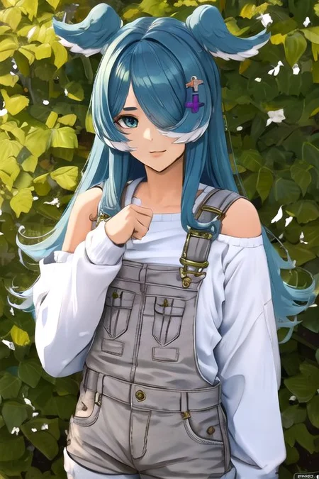 solo_focus, 1girl, (((masterpiece))), ((best quality)), ((ultra-detailed)), high resolution, absurdres, highres, ultra-detailed 8k unity wallpaper,
elira1st, long sleeves, overalls, white sweater, off shoulder, grey gloves, one eye covered, overall shorts,