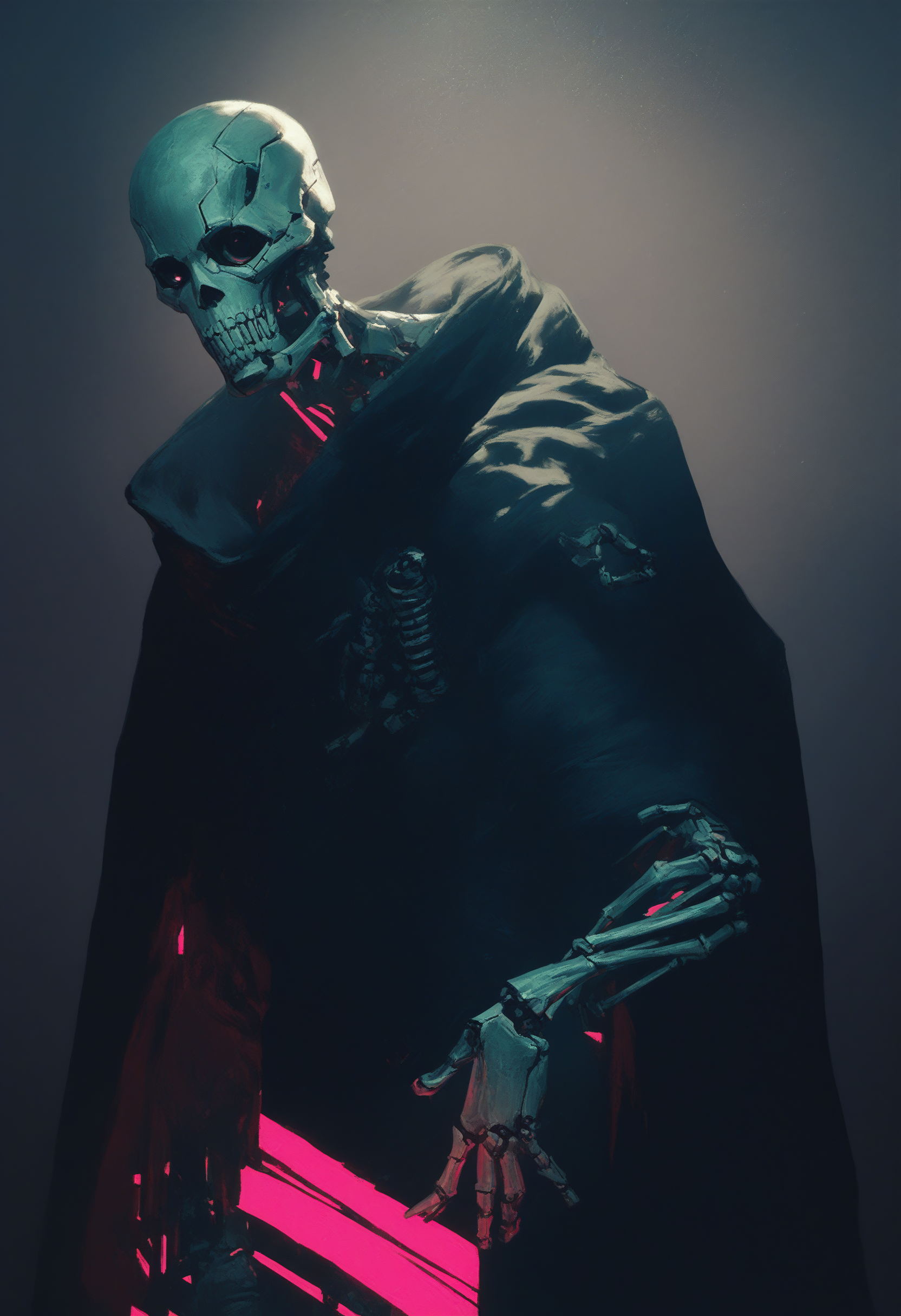 <lora:degenesis_v1:1> dgns, score_9, score_8_up, score_7_up, abstract, metal skeleton, wearing black robe, cyberpunk neon, dark background