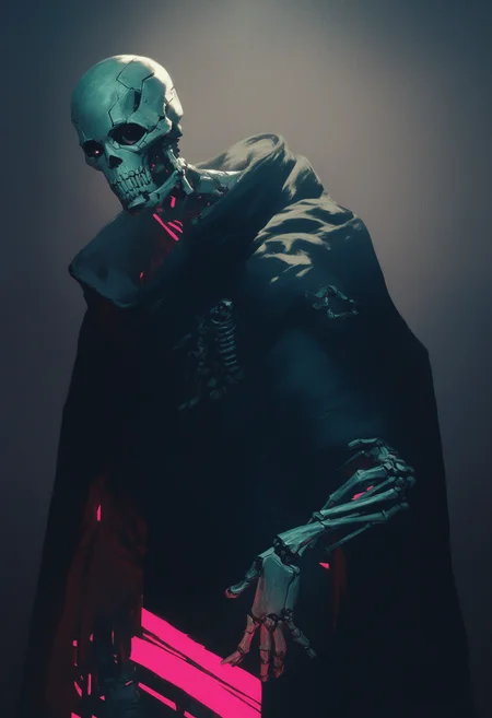 <lora:degenesis_v1:1> dgns, score_9, score_8_up, score_7_up, abstract, metal skeleton, wearing black robe, cyberpunk neon, dark background