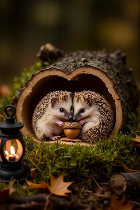 Two tiny hedgehogs curl up inside a hollowed-out log, nestled in a bed of soft, warm moss. One nudges a heart-shaped acorn cap toward the other, their little noses twitching. A flickering lantern nearby casts a golden glow over the scene as the wind rustles through fallen leaves.
<lora:paws-and-hearts-flux:1>