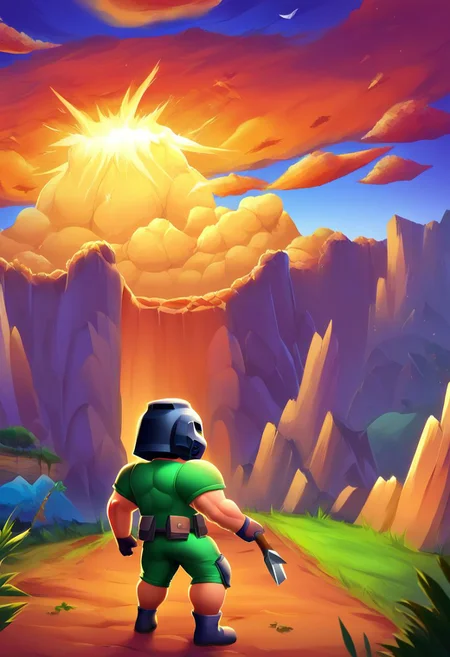 ,score_9, score_8_up, score_7_up,<lora:brawl_style_1_2_R:0.8>, 1boy, brawl, SFW, bodybuilding, massive pectoral, beefy muscle, thick legs, large pectoral, black man, brawl, doomguy, armor, helmet, bald, Miltary Base Scenery, Cartoon, Brawl Stars,
