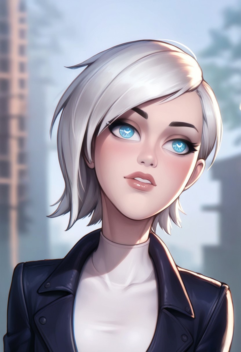 score_9, score_8_up, score_7_up, score_6_up, PRSNL_3_1, uncensored, pupils black dots, lips,
upper body, 
MKFrost, 1girl, white hair, blue eyes, short hair, bodysuit