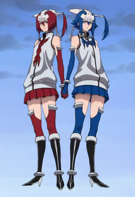 score_9,score_8_up,score_7_up,score_6_up,score_5_up,score_4_up,anime coloring BREAK source_anime,anime,<lora:Yin__Yang_BLEACH_Pony:0.9>,2girls,yin&yang,green eyes,blue hair,short hair with long sidelocks,blue eyeliner,blue lipstick,red thighhighs,red skirt,yin off shoulder,blue skirt,blue elbow gloves,red elbow gloves,red hair,red eyeliner,red lipstick,yang off shoulder,hair between eyes,hair ornament,black boots,standing,(multicolored background:1.2),