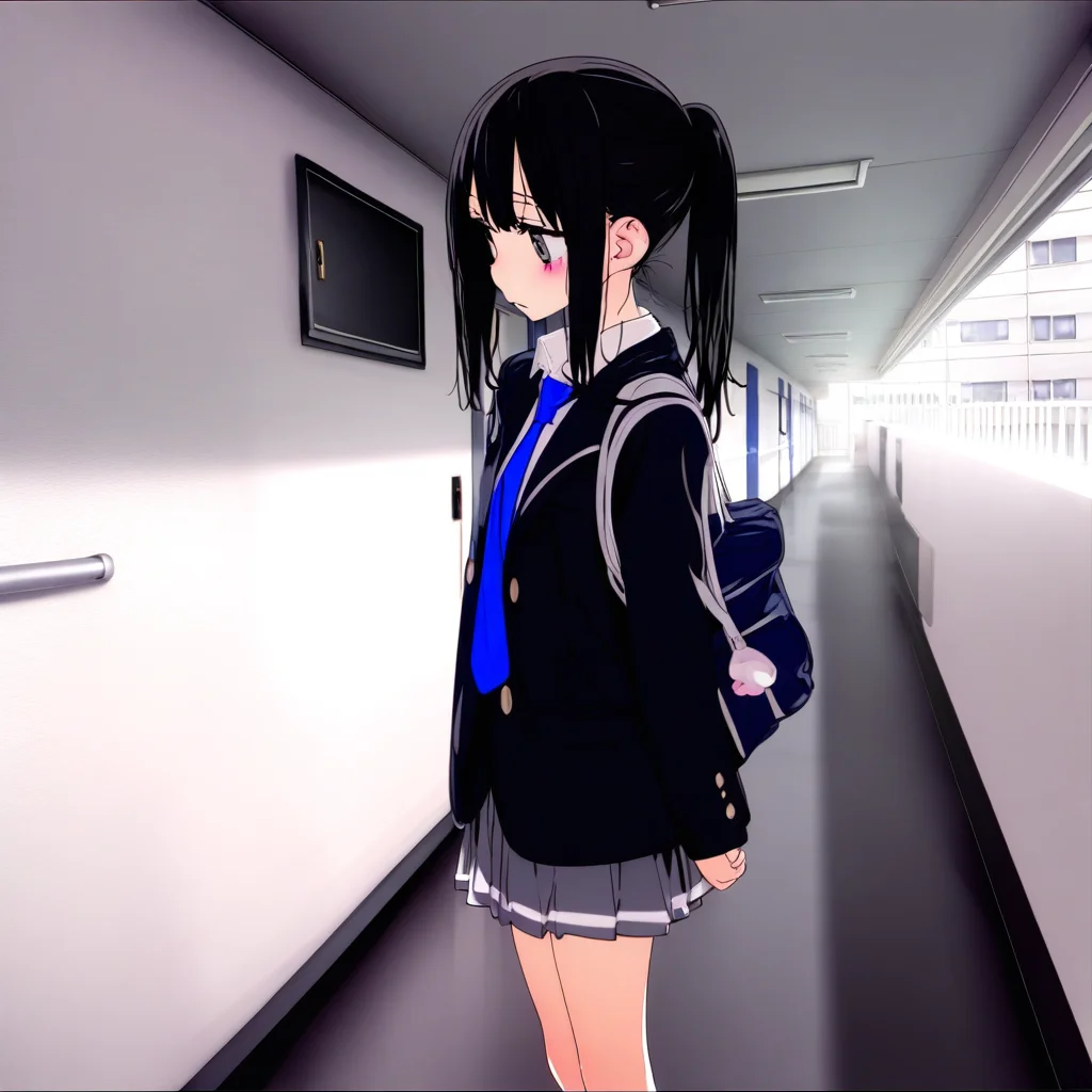 1girl, skirt, ponytail, hallway, solo, necktie, jacket, black hair, 1girl, skirt, ponytail, hallway, solo, necktie, jacket, black hair, blue necktie, shirt, collared shirt, black jacket, bag, white shirt, standing, grey ground,great quality,almic,akakura,ogipote,momisan,karyln