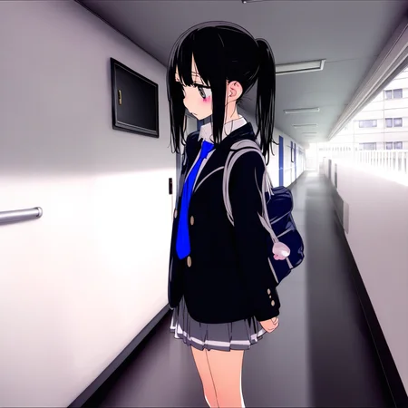 1girl, skirt, ponytail, hallway, solo, necktie, jacket, black hair, 1girl, skirt, ponytail, hallway, solo, necktie, jacket, black hair, blue necktie, shirt, collared shirt, black jacket, bag, white shirt, standing, grey ground,great quality,almic,akakura,ogipote,momisan,karyln