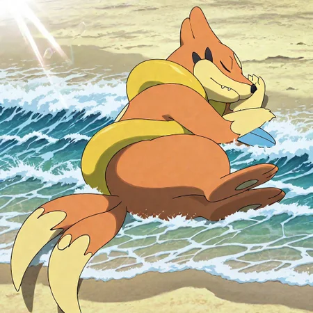 Anime screencap,
masterpiece, very detailed, very aesthetic, best quality, 8k, newest, solo, floatzel, two tails, fangs, pokemon (creature), orange fur, full body, beach, laying, sleeping, asleep, closed eyes, sunlight, lens flare, clouds, waves,