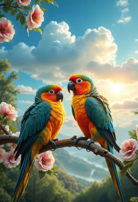 close-up 2 parakeets on a flowering tree branch, background of blue sky with cumulus clouds and rising sun