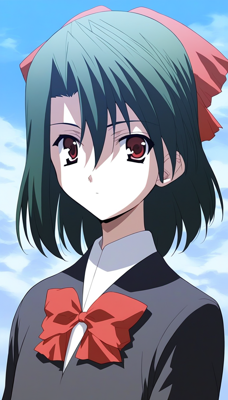 score_9, score_8_up, score_7_up, source_anime, rating_explicit, BREAK  <lora:Kiyoura_Setsuna_XL:1> Kiyoura_Setsuna, black hair,  green hair, short hair, red eyes, red bow, hair ribbon, flat chest,hair between eyes, bangs,
 1girl, solo, school uniform, bow,  looking at viewer, upper body, expressionless,  long sleeves, bowtie,
outdoor, sky,