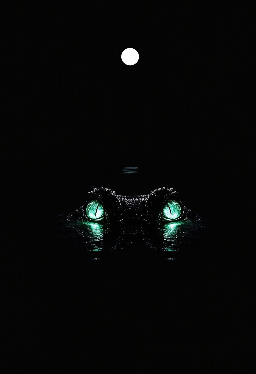 In a pool of ink-black water, two crystal-cut green eyes float—sharp, faceted, and eerily luminous. The crocodile’s body is entirely obscured, vanished into the void, perfectly melded with the surrounding darkness. No form is visible, only the glinting gaze that pierces through the shadow like twin emerald shards.
Above, a solitary white moon hangs in the empty sky, its glow soft and cold, casting no reflection. The scene is stark and haunting: a black abyss pierced by crystalline vision, with no edges, no outlines—just presence. A whisper of danger hidden in stillness, cloaked in nothingness but light and gaze.