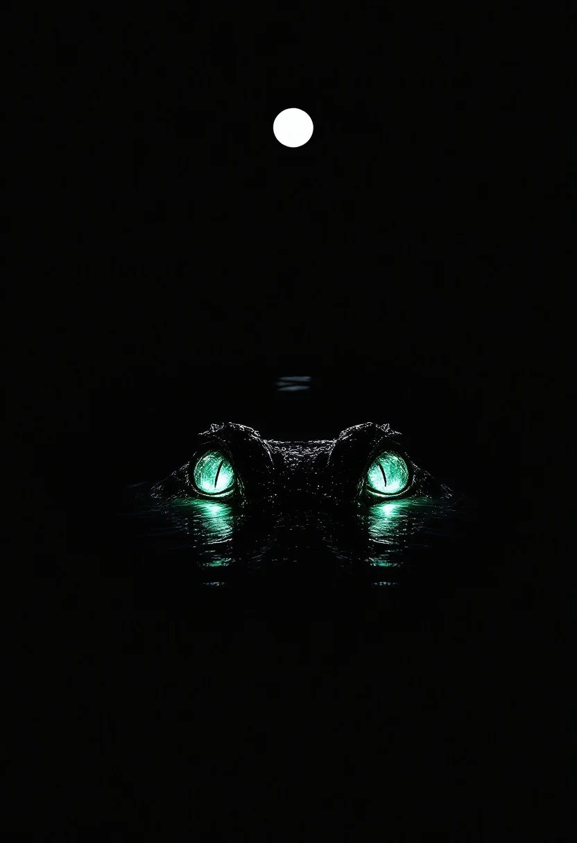 In a pool of ink-black water, two crystal-cut green eyes float—sharp, faceted, and eerily luminous. The crocodile’s body is entirely obscured, vanished into the void, perfectly melded with the surrounding darkness. No form is visible, only the glinting gaze that pierces through the shadow like twin emerald shards.
Above, a solitary white moon hangs in the empty sky, its glow soft and cold, casting no reflection. The scene is stark and haunting: a black abyss pierced by crystalline vision, with no edges, no outlines—just presence. A whisper of danger hidden in stillness, cloaked in nothingness but light and gaze.