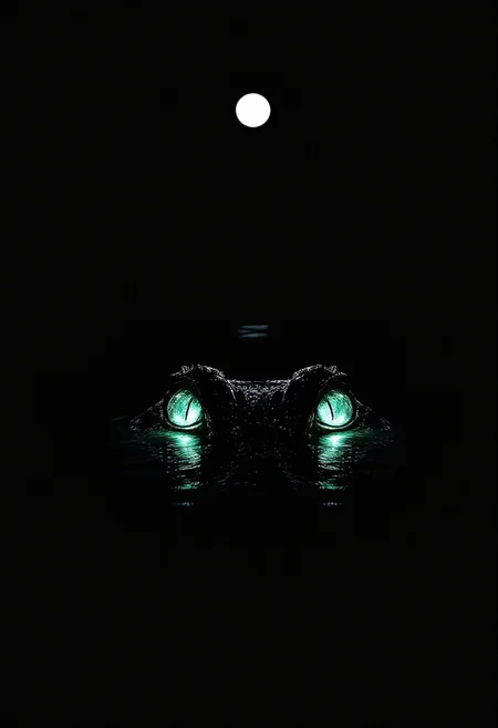 In a pool of ink-black water, two crystal-cut green eyes float—sharp, faceted, and eerily luminous. The crocodile’s body is entirely obscured, vanished into the void, perfectly melded with the surrounding darkness. No form is visible, only the glinting gaze that pierces through the shadow like twin emerald shards.
Above, a solitary white moon hangs in the empty sky, its glow soft and cold, casting no reflection. The scene is stark and haunting: a black abyss pierced by crystalline vision, with no edges, no outlines—just presence. A whisper of danger hidden in stillness, cloaked in nothingness but light and gaze.