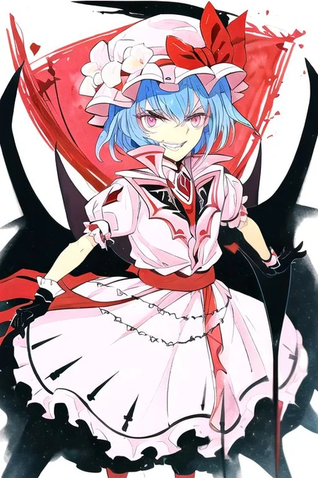 solo, 1girl, solo_focus, ((too many)):16,
watercolor (medium), traditional media,
remilia_scarlet_(koumajou_densetsu), solo, 1girl, smile, short_hair, shirt, red_eyes, bow, blush, hat, ribbon, dress, hair_ornament, frills, blue_hair, jewelry, puffy_sleeves, short_sleeves, red_bow, wings, mob_cap, nail_polish, pink_eyes, flower, ascot, pantyhose, sidelocks, detached_sleeves, hat_ribbon, shoes, pointy_ears, grin, wrist_cuffs, bat_wings, sword, fingernails, white_headwear, black_pantyhose, high_heels, hat_bow, collar, fang, sash, black_gloves, choker, petals, white_dress, fingerless_gloves, polearm, lips, hair_flower, expressionless, frilled_sleeves, hat_flower, brooch, pink_dress, red_sash, armband, sharp_fingernails, frilled_dress, collared_dress, coat, wing_collar, red_footwear, spear_the_gungnir, long_fingernails, light_purple_hair, eyelashes, bridal_gauntlets, cross, clenched_teeth,