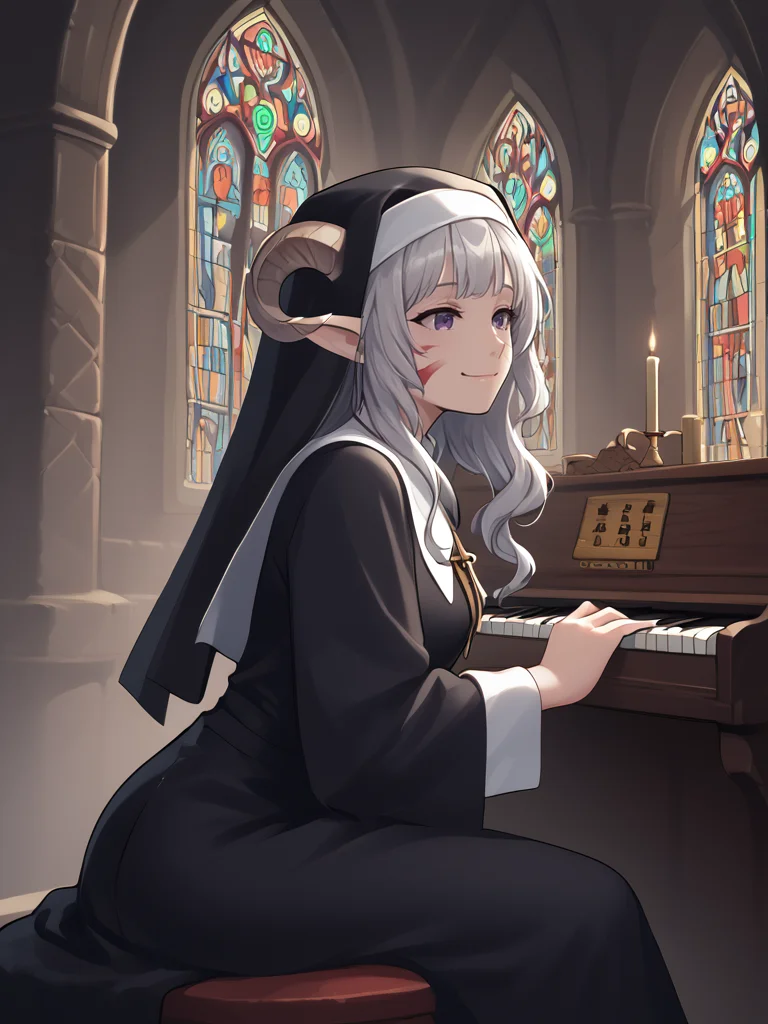 source_furry, score_7_up, rating_safe, source_anime,anime face,<lora:whisker_markings:0.8>red whisker_markings:1.2, silver long wavy hair, bell necklace, short pointy ears, purple eyes, <lora:age_slider_v4:0.6>
organ \(instrument\):1.3, pipe_organ, playing instrument:1.2, church, from behind:1.3, sitting, pipe, smile, looking up, horn,
church_wall,
nun,
solo,
<lora:Tieflingnew weird fantasyDND:0.3><lora:Smooth Style 2 SDXL_LoRA_Pony Diffusion V6 XL:0.3> detailed face,
<lora:Test_Diana:0.7> tiefling_bard_diana,
<lora:organ:1>
