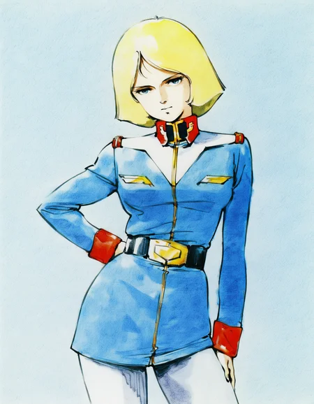 (retro artstyle, 1980s \(style\), traditional media:0.6), painting \(medium\), masterpiece, highly detailed, best quality, cowboy shot, sayla mass,military uniform,blue eyes,1girl,mobile suit gundam,blonde hair,looking at viewer,short hair,ikeda kazuhiro,solo,gundam, military rank insignia, belt,
 <lora:Kitazume Hiroyuki Lycoris Illustrious 0.1:0.7>