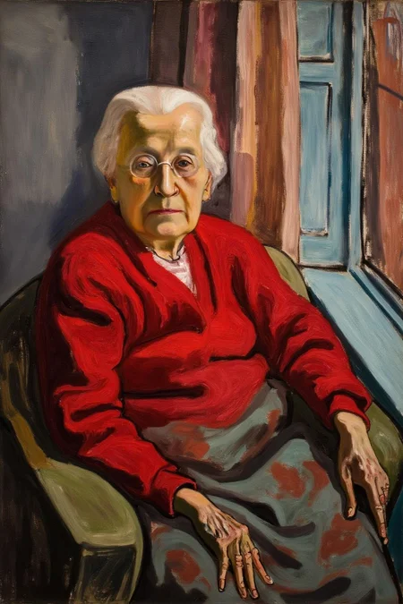 aliceneel1 painting. 
An elderly woman with short white hair sits in a chair by a window, dressed in a bright red sweater. She wears round glasses.
 <lora:aliceneel1_cap_d6a3e12:1.0><lora:842440552445185029:0>