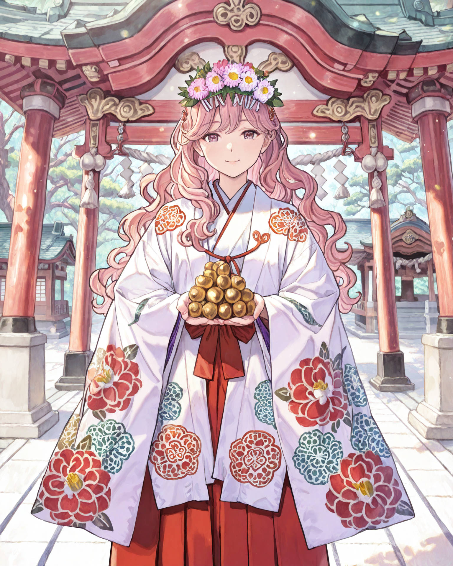 1girl, chihaya, flower headdress, wearing chihaya, wavy hair, pink hair, light_smile, scattered acorns, colorful river rocks, japanese shrine, beautiful trees, jacquard fabric, detailed patterns, patterned fabric, masterpiece, highest quality, absurdres, digital art, very detailed, 8k, best quality, high resolution,  <lora:Chihaya_Illustrious:1>,  <lora:granblue-noob:1>