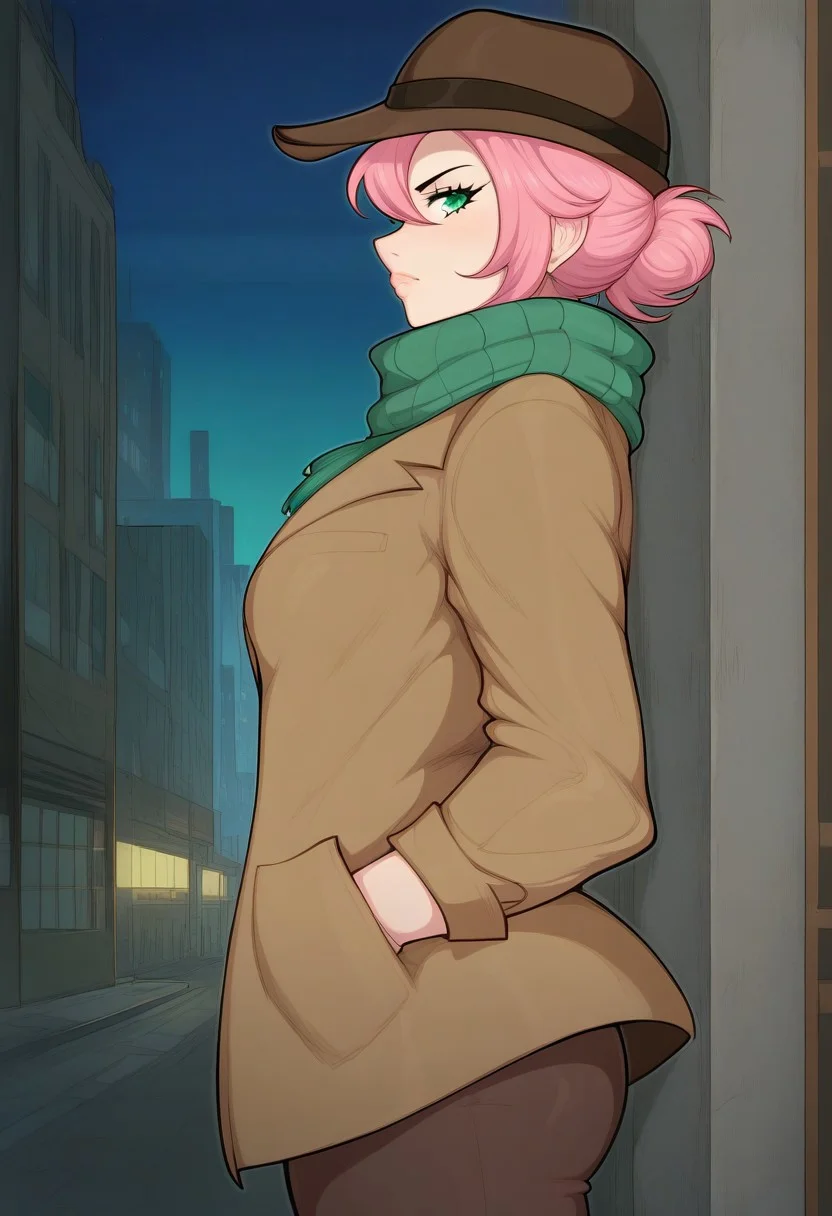 Masterpiece, High quality, anime, solo, 1girl, Oc, adult, tall, Detective woman, Short pink hair, Green eyes, Long Brown detective coat, brown Detective deerstalker hat, green scarf, black pants, serious face expression, side view, standing, leaning on building window, city streets background, hands in pocket.