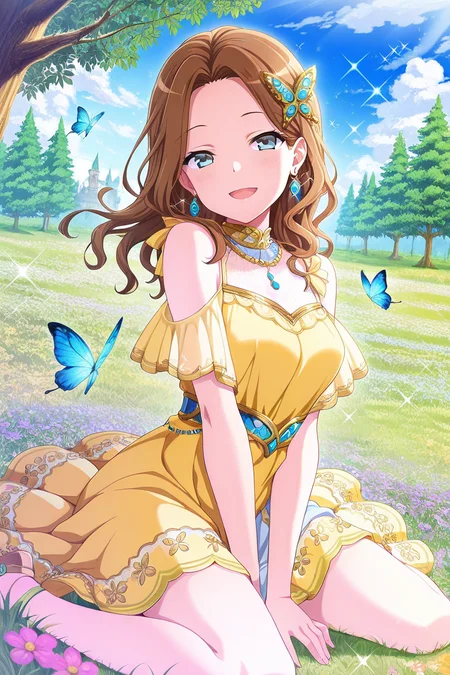 masterpiece, best quality, amazing quality,
<lora:Hisame_IL:1> hisame, 1girl, flower, jewelry, butterfly, bug, solo, dress, blue eyes, tree, smile, earrings, hair ornament, brown hair, outdoors, sitting, open mouth, sky, wariza, day, looking at viewer, long hair, sparkle, hand between legs, grass, yellow dress