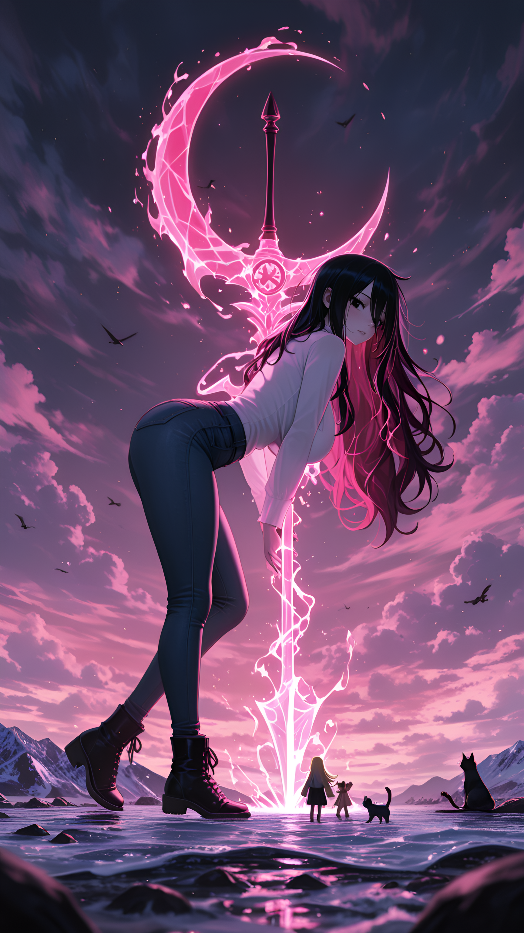 depth of field, cloudy, afternoon light, bardiche poleaxe, pale skin, amazing quality, 8K, lying, masterpiece, frozen waves of time, group, hanging breasts, very aesthetic, Three-quarter view, long messy hair, Lucy Heartfilia (Fairy Tail), dark_jeans, newest, cat_girl, large breasts, sandals, slime_(creature), HDR, long hair, Fuchsia Theme, ambient occlusion, white_blouse, sharp crescent blade, magic glowing aura, absurdres, best quality, Chimera, absolutely eye-catching, Jet black hair, miniature world, ephemeral, anime character, on_side, trapping moments within the icy peaks., knees_slightly_bent, tweed_jacket, ultra-detailed, 1girl, ankle_boots, motion_blur:1.1, nail_polish, Mountains carved from giant, motion_lines:1.1