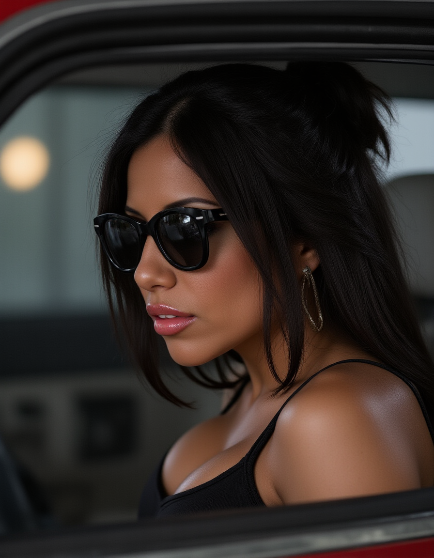 A cinematic portrait of a female fashion model with tousled hair and dark sunglasses sitting in a dimly lit car. The model has a calm, enigmatic expression. The soft, ambient light casts subtle shadows across her face, accentuating her mysterious aura. Reflections in the rain-streaked car window capture her mirrored image, adding depth and a surreal quality to the scene. Outside the window, blurry figures and raindrops enhance the sense of isolation and introspection. The atmosphere is moody and contemplative, evoking a timeless rock 'n' roll vibe.