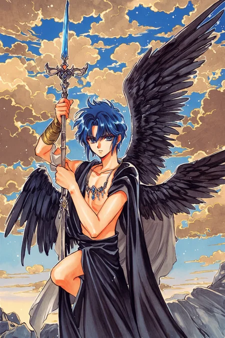 Peacock,1boy,male focus,wings,solo,blue hair,short hair,staff,jewelry,necklace,blue eyes,star (symbol),hair over one eye,cloud,feathered wings,black wings,traditional media,<lora:RG Veda_XL:0.8>,