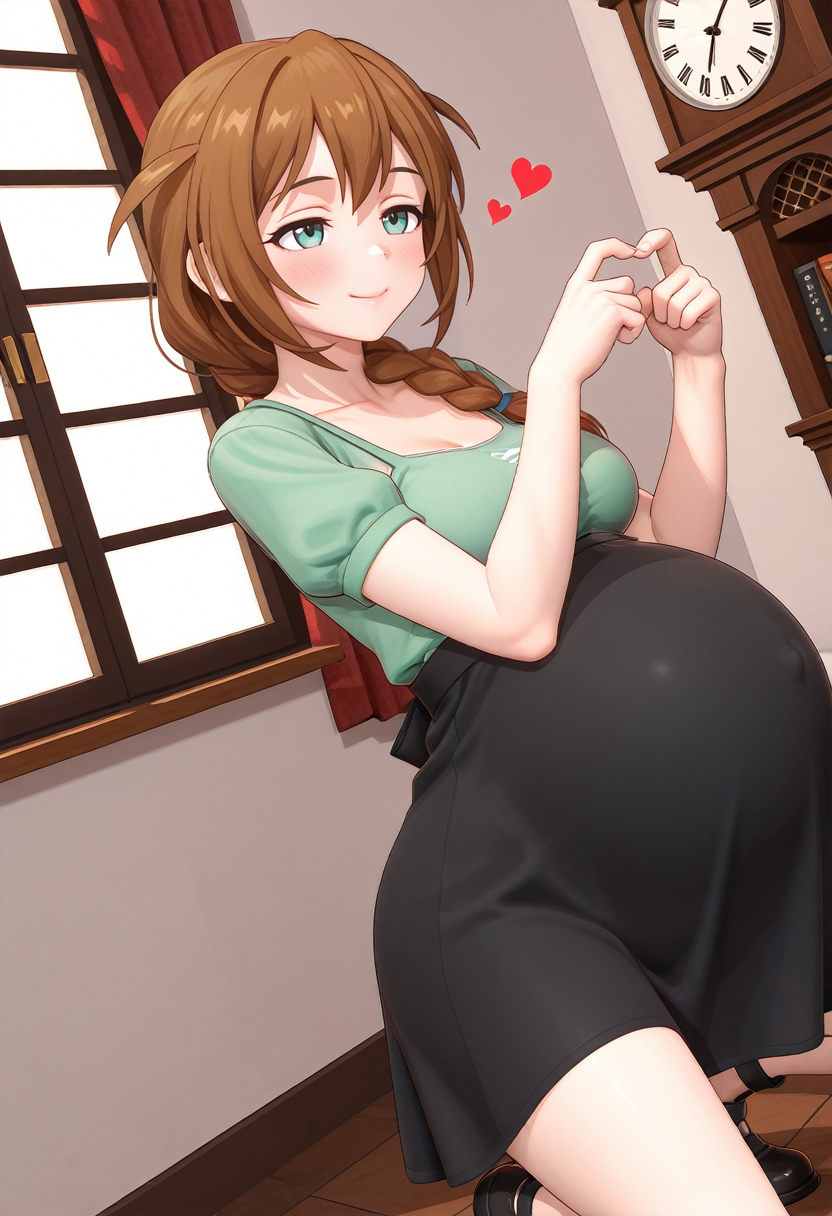 STYLE(comfy++,none) masterpiece, best quality, 3d, iwak, 1girl, baba konomi, idolmaster, aqua eyes, brown hair, long hair, single braid, hair over shoulder, medium breasts, clothed, pregnant, big belly, solo, closed eyes,  serious, naughty face, looking afar, facing ahead, heart hands, (arched back), squatting, cowboy shot, dutch angle,  day, clock tower, absurdres, newest,  <lora:Other/Pregnancy_Slider.safetensors:1.2:1.2> <lora:Tech/dmd2_sdxl_4step_lora_fp16.safetensors:1.0:1.0> <lora:Style/3dblend.safetensors:1.1:1.1> <lora:Other/pregnant_c_v3.safetensors:1.0:1.0>