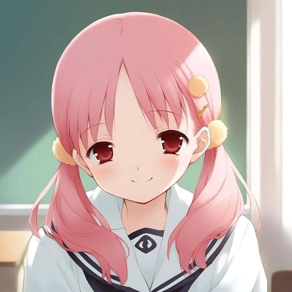 score_9, score_8_up, score_7_up, source_anime, rating_explicit, BREAK  <lora:Kiriyama_Sakura_Ver2.0_XL:1> KiriyamaSakura, pink hair,  red eyes, hair ornament(flour), 
 1girl, solo, school uniform,  twintails, smile,
close up,
room,