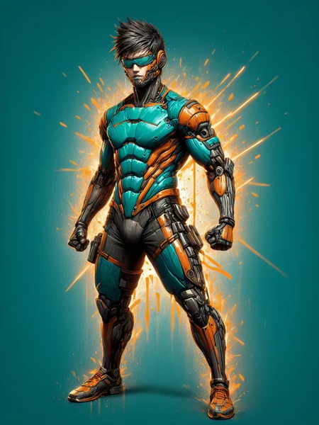 man, mad-cbrpnksplshrt, dynamic pose<lora:Splash_Art_SDXL:1.2> striped background, teal background, (masterpiece:1.2), best quality