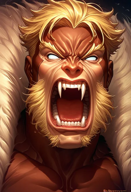 score_9, score_8_up, score_7_up, source_cartoon, solo, 1boy, x_s@bretooth, blonde hair, sideburns, white sclera, fangs, bodysuit, muscular, scream, angry, portrait,
