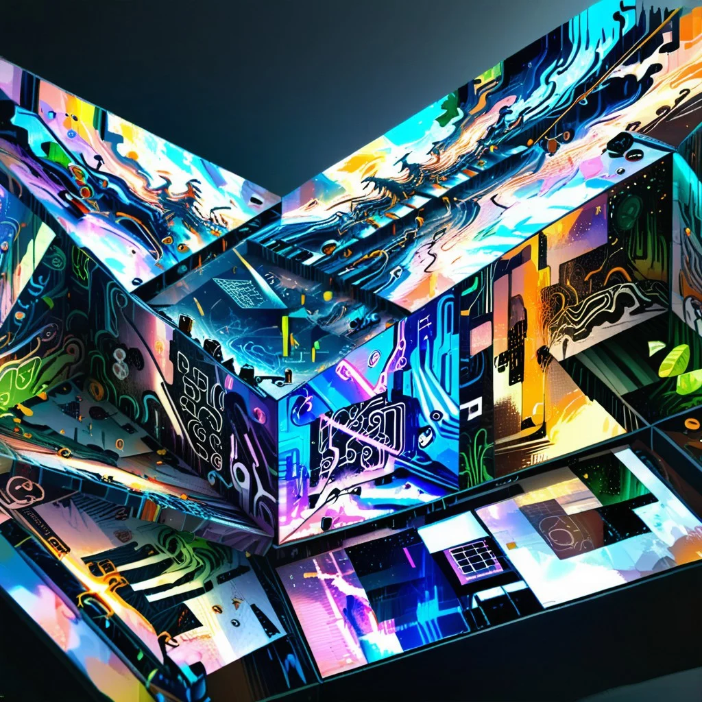 close up shot, no human, fisheye, cube of (techno-witch envision functionalities in THz-operating energy-harvesting in-body nanonetworks. fluted glass nanonodes beam biometrics, harvesting in energy THz in-body propagation and highly constrained, quantum encryption, ((double exposure)), geometrica neuromorphic nano materials and nanonodes. data lace, hyper grid, alchemy of the noosphere, vril maidens, DonMCyb3rN3cr0XL, le parc, alchemy, did vaporwave style), (rotational symmetric:0.5),, abstract composition, innovational, left-field, scenery, no humans, chemigram style, geometrica scenery,, (dutch angle), (depth:1.4), Glitch Aesthetic, Chiaroscuro lighting, PaperCutout style, light and shadow by reij-shdwgms, ((wide angle)), ((panorama))), faint projections of abstract jungle scenes reflect on cube sides, floating in chemigram sky, multiple views, zoom layer
