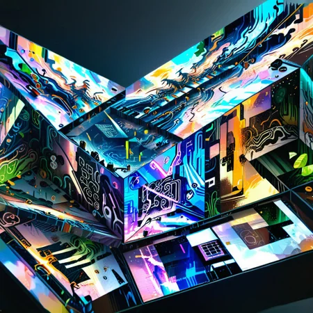 close up shot, no human, fisheye, cube of (techno-witch envision functionalities in THz-operating energy-harvesting in-body nanonetworks. fluted glass nanonodes beam biometrics, harvesting in energy THz in-body propagation and highly constrained, quantum encryption, ((double exposure)), geometrica neuromorphic nano materials and nanonodes. data lace, hyper grid, alchemy of the noosphere, vril maidens, DonMCyb3rN3cr0XL, le parc, alchemy, did vaporwave style), (rotational symmetric:0.5),, abstract composition, innovational, left-field, scenery, no humans, chemigram style, geometrica scenery,, (dutch angle), (depth:1.4), Glitch Aesthetic, Chiaroscuro lighting, PaperCutout style, light and shadow by reij-shdwgms, ((wide angle)), ((panorama))), faint projections of abstract jungle scenes reflect on cube sides, floating in chemigram sky, multiple views, zoom layer