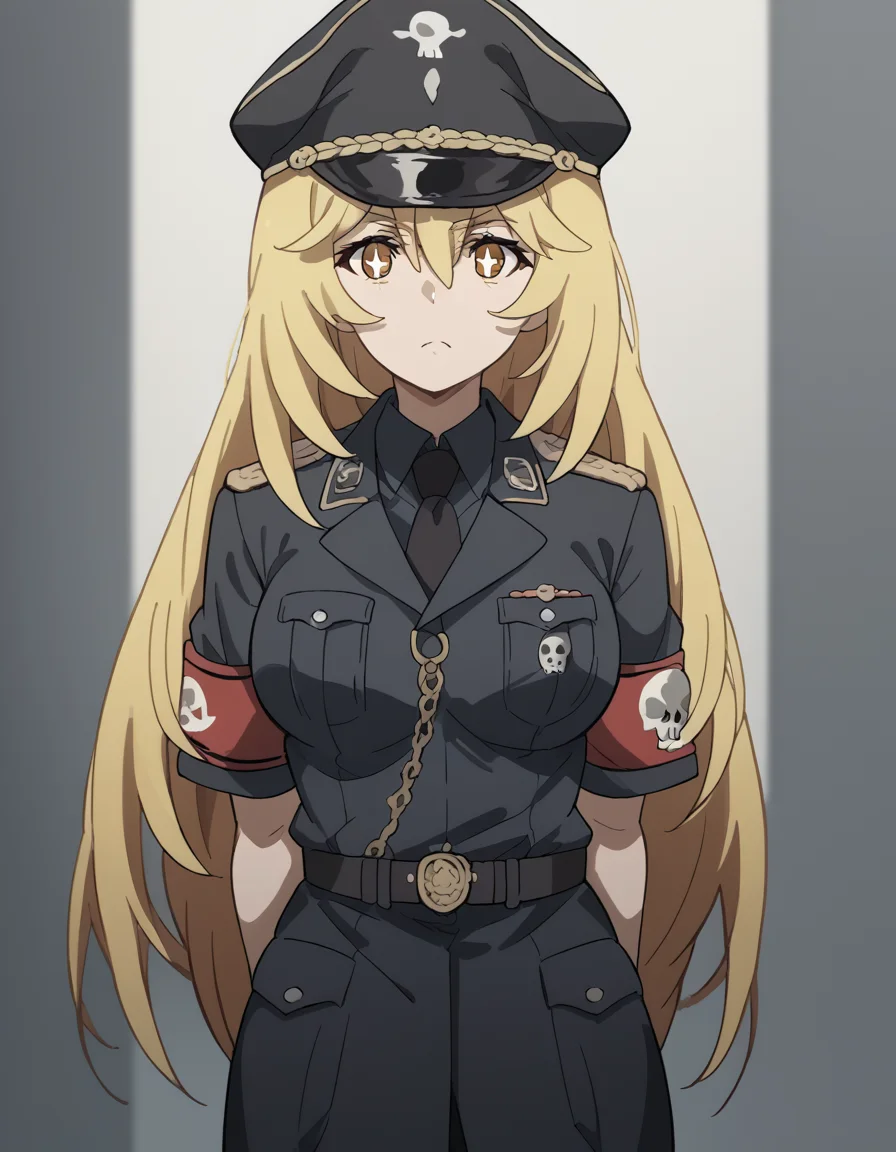 score_9, score_8_up, score_7_up, source_anime, <lora:misaki-shokuhou-s3-ponyxl-lora-nochekaiser:1>, misaki shokuhou, blonde hair, hair between eyes, long hair, symbol-shaped pupils, yellow eyes, large breasts, <lora:warden-ponyxl-lora-nochekaiser_r1:1>, skull hat ornament, uniform, military uniform, black uniform, hat, cap, black cap, armband, collared shirt, black necktie,, indoors, hands behind back,, cowboy shot,