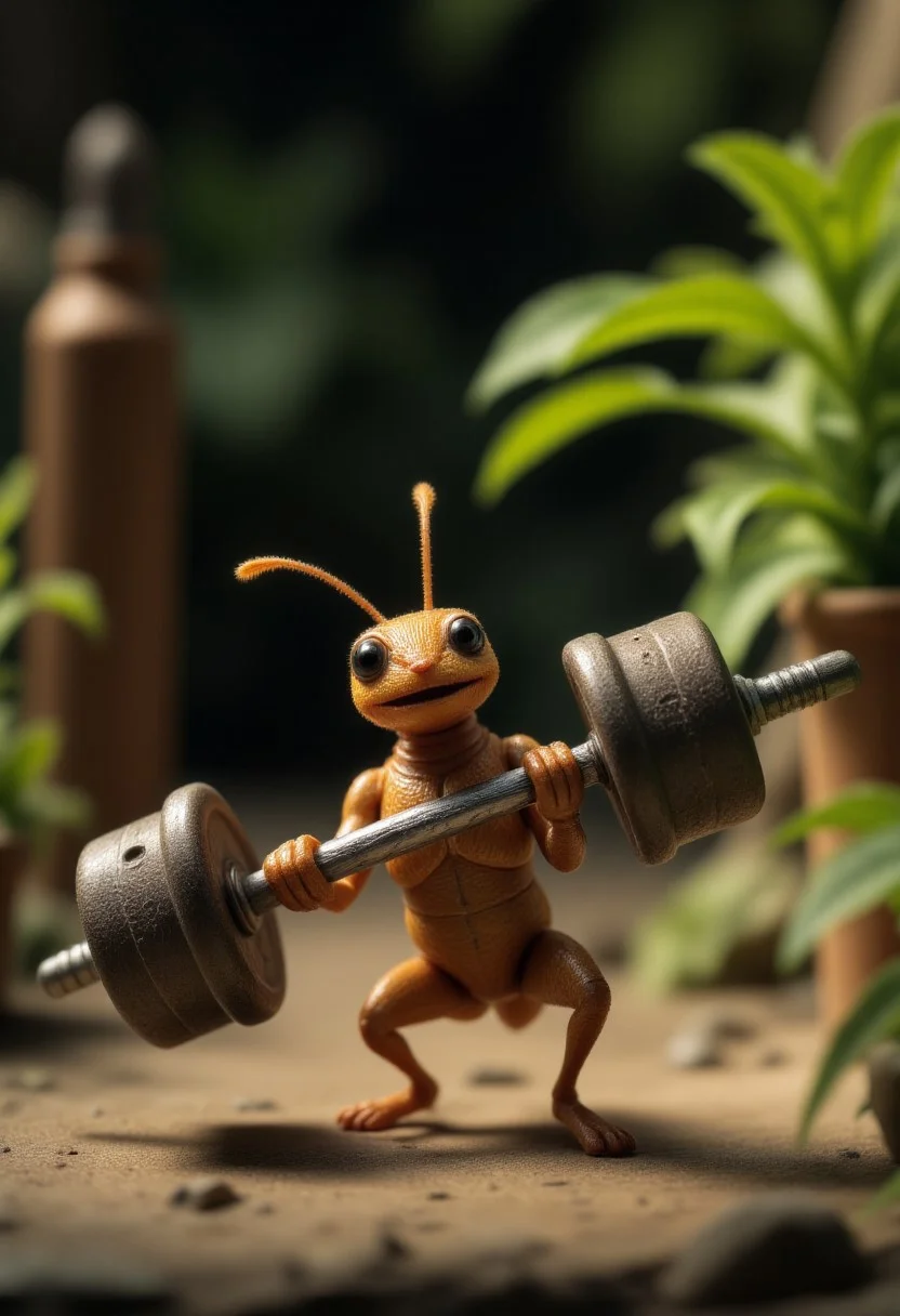 macro photo, ant lifting a tiny dumbbell, bodybuilding in a miniature gym, high detail, humorous and cute ,
, aidmamjv7, pinkfluxproultrafantasia