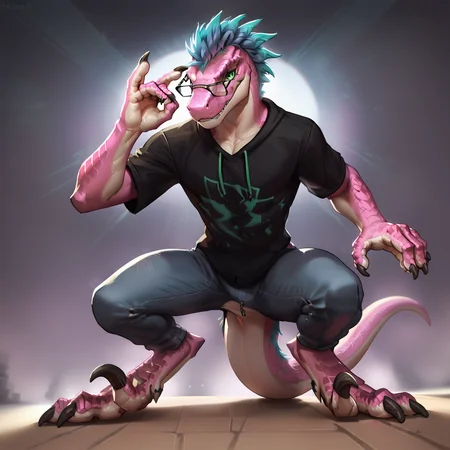score_9, score_8_up, score_7_up, score_6_up, a pink male anthro velociraptor smiling and doing a gesture, anthro, velociraptor, dromaeosaurid, theropod, reptile, scalie, dinosaur, blue hair, short hair, clothed, oversized sweatshirt, black sweatshirt, colorful sweatshirt, jeans, chain, accessories, pink clothes, bright colors, green clothes, detailed background, abstract background, tail, expressive, male, hair, solo, high quality, pose, scales, detailed scales, scaly body, 25 years old, (glasses), eyewear, wearing glasses, (detailed eyes, green eyes), highly detailed, beautiful, <lora:Furry Enhancer V5.2:0.5>, snout, dutch angle, gesture, claws, clawed fingers, grime, grime aesthetic, EDM, electronic music, dynamic pose, action pose, light pink body, wide angle, first person view, pov, <lora:Smooth Style LoRA XL:0.5>, <lora:OtherStyle_01:0.5>, plants, slim, <lora:Raptors_LoRA_v2:0.7>, digitigrade, sickle claws