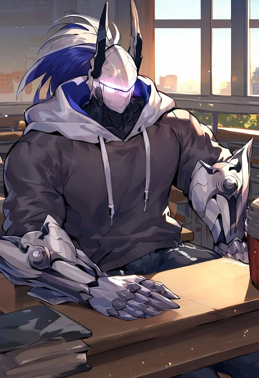 zPDXL3,score_9, score_8_up, score_7_up,(detailed body, detailed background, perfect hands, perfect anatomy, masterpiece, high quality, best quality), solo,male focus,source_anime,minamoto_no_tametomo,helmet,armour,muscular,bara,in cafeteria,(hoodies),glowing eyes,sitting at desk,window scenery